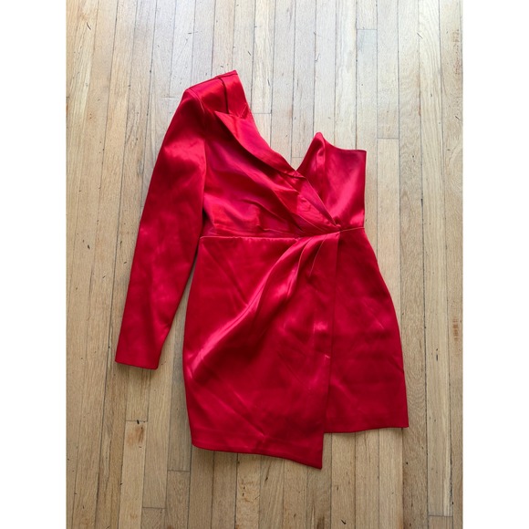 NBD Red Satin One Shoulder Mini Dress Asymmetrical Long Sleeve Cocktail Party L - Picture 3 of 4